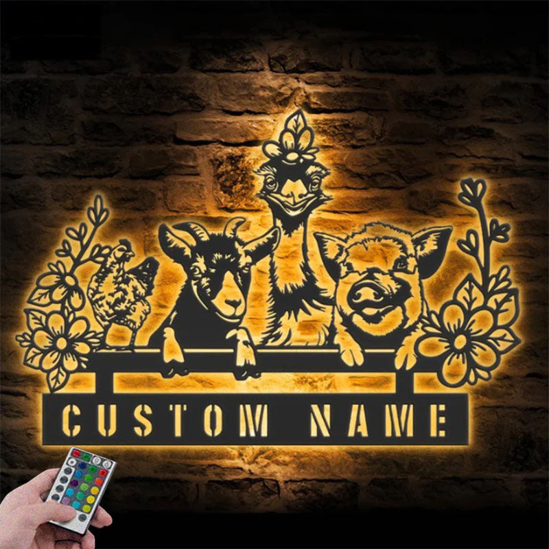 Custom Name Animal Livestock Name Sign Home Farm Barn, Metal Wall Signs With RGB Led Light