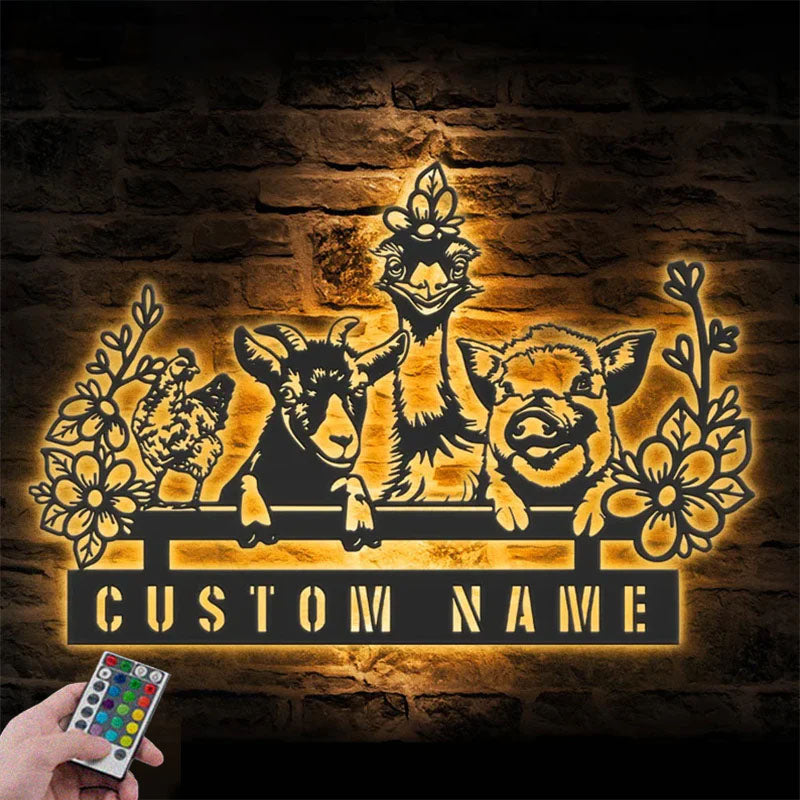 Custom Name Animal Livestock Name Sign Home Farm Barn, Metal Wall Signs With RGB Led Light