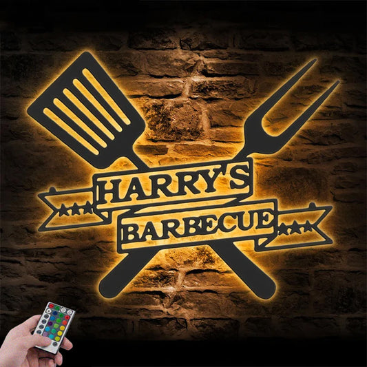 Custom Name Backyard BBQ Metal Wall Signs With RGB Led Light