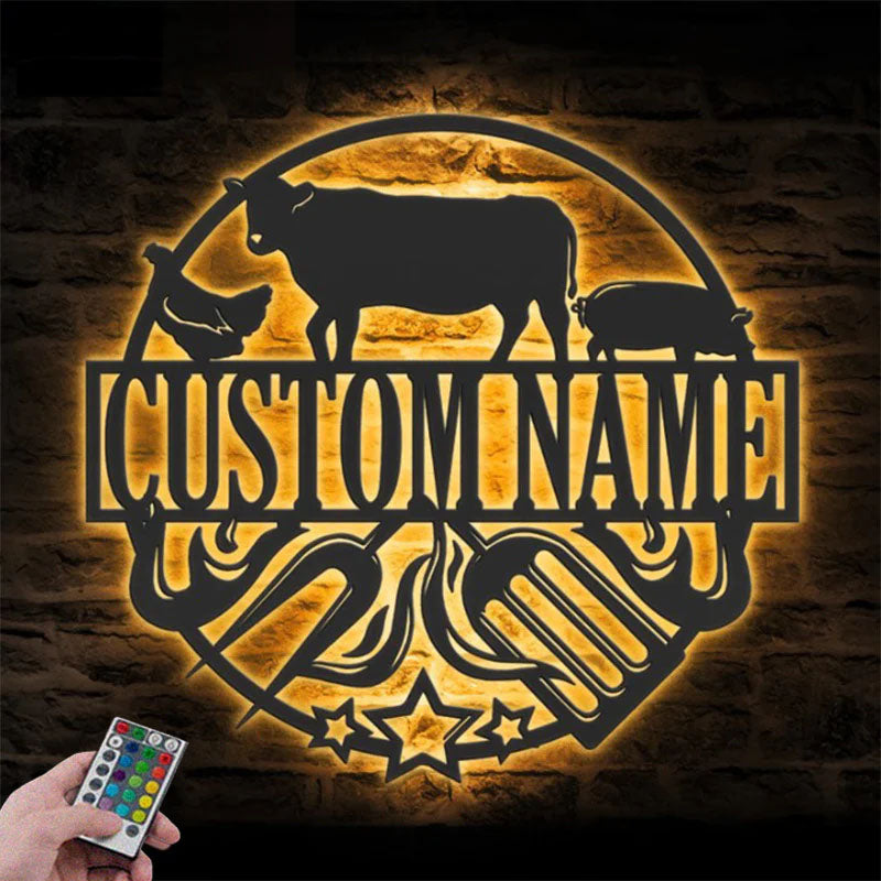 Custom Name Backyard BBQ Name Sign Home Decor Barbecue, Metal Wall Signs With RGB Led Light