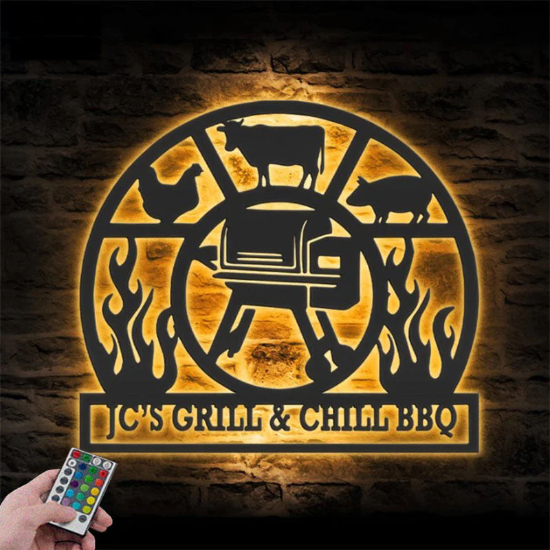 Custom Name Backyard BBQ Name Sign Home Decor Barbecue, Metal Wall Signs With RGB Led Light