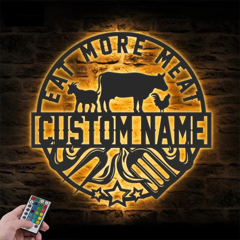 Custom Name Backyard BBQ Name Sign Home Decor Barbecue, Metal Wall Signs With RGB Led Light