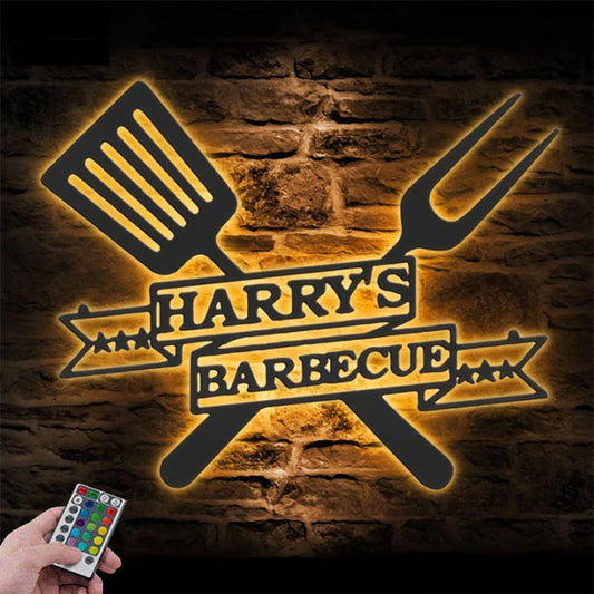 Custom Name Backyard BBQ Name Sign Home Decor Barbecue, Metal Wall Signs With RGB Led Light