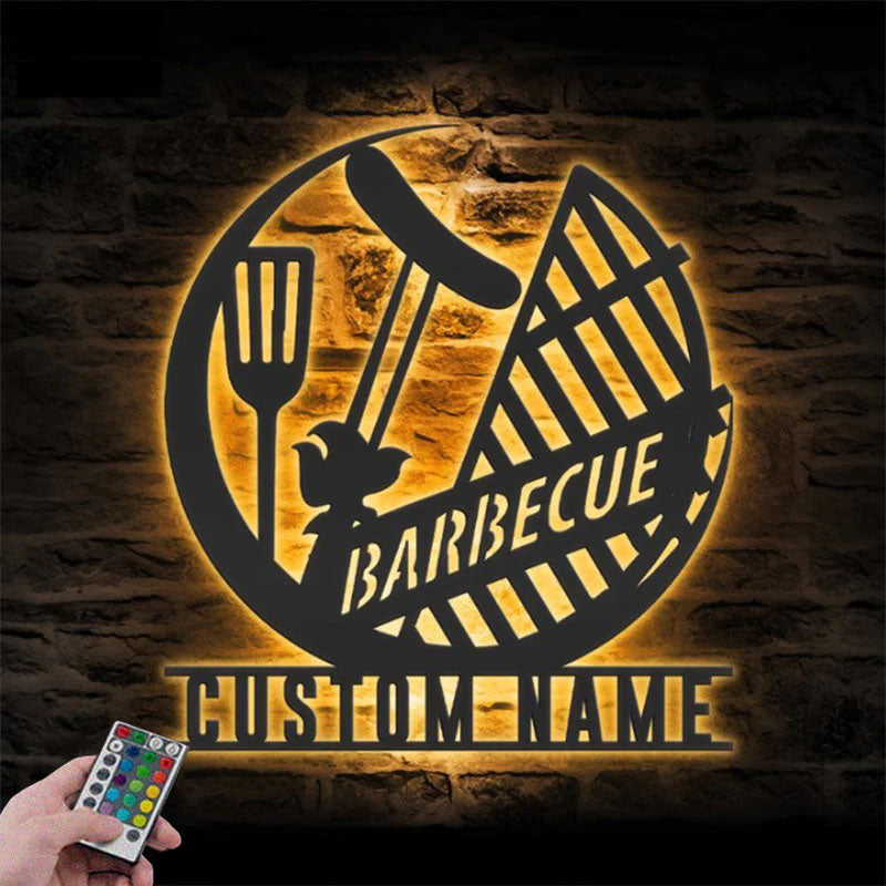 Custom Name Backyard BBQ Name Sign Home Decor Barbecue, Metal Wall Signs With RGB Led Light