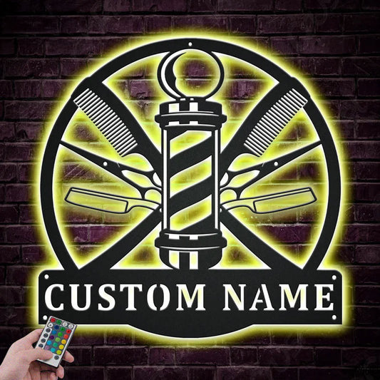 Custom Name Barber Hair Stylist, Metal Wall Signs With RGB Led Light