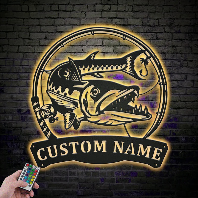Custom Name Barracudas Fishing Fish Pole Metal Wall Signs With RGB Led Light
