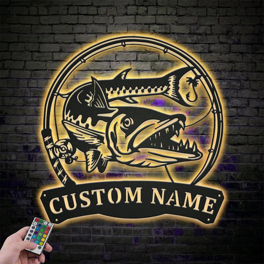 Custom Name Barracudas Fishing Fish Pole Metal Wall Signs With RGB Led Light