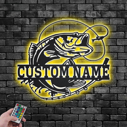 Custom Name Bass Fishing Name Sign Decoration For Room, Metal Wall Signs With RGB Led Light