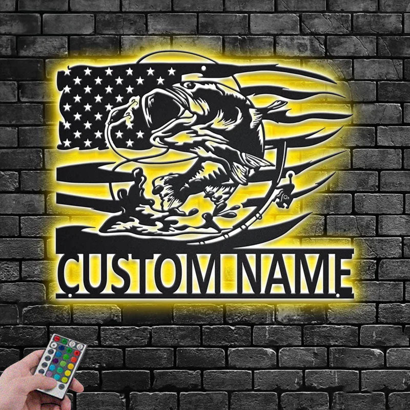Custom Name Bass Fishing Name Sign Decoration For Room,Metal Wall Signs With RGB Led Light
