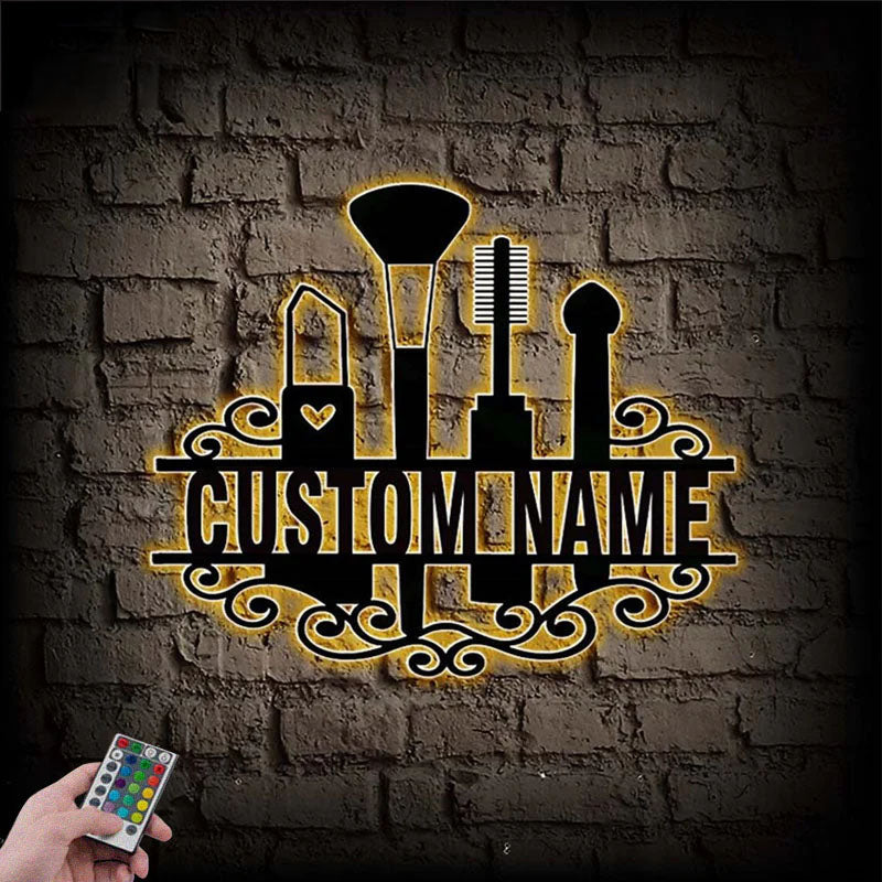 Custom Name Beauty Cosmetics And Makeup Salon, Metal Wall Signs With RGB Led Light