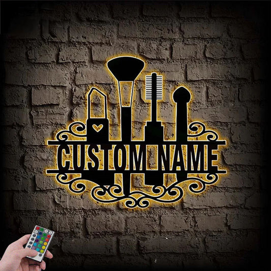 Custom Name Beauty Cosmetics And Makeup Salon, Metal Wall Signs With RGB Led Light