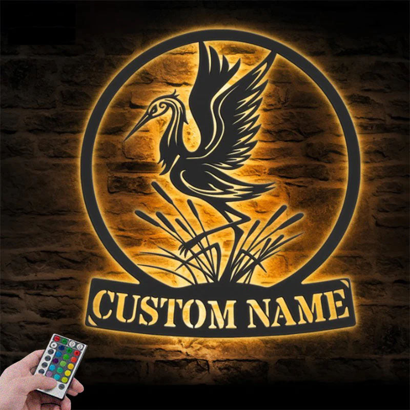 Custom Name Blue Heron Lover Name Sign Home Decor, Metal Wall Signs With RGB Led Light