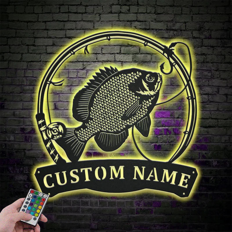 Custom Name Bluegill Fishing Fish Pole Metal Wall Signs With RGB Led Light