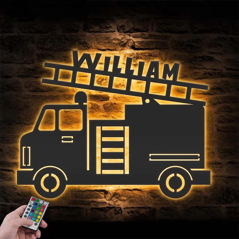 Custom Name Boy Vehicle Firetruck Name Sign Home Decor Metal Wall Signs With RGB Led Light
