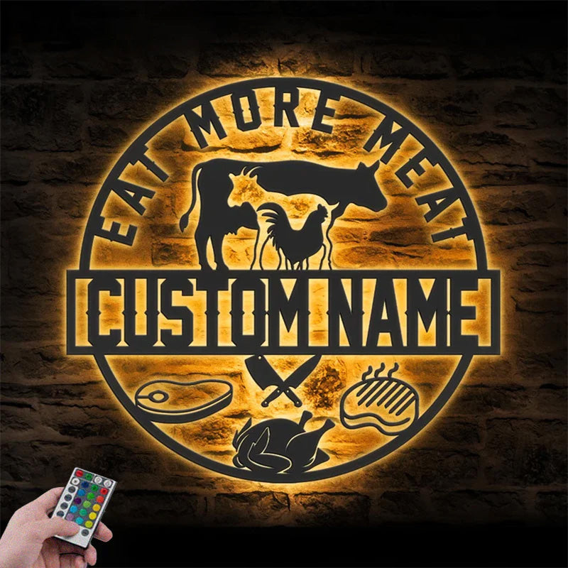 Custom Name Butcher Shop Metal Wall Signs With RGB Led Light