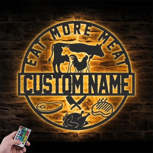 Custom Name Butcher Shop Metal Wall Signs With RGB Led Light