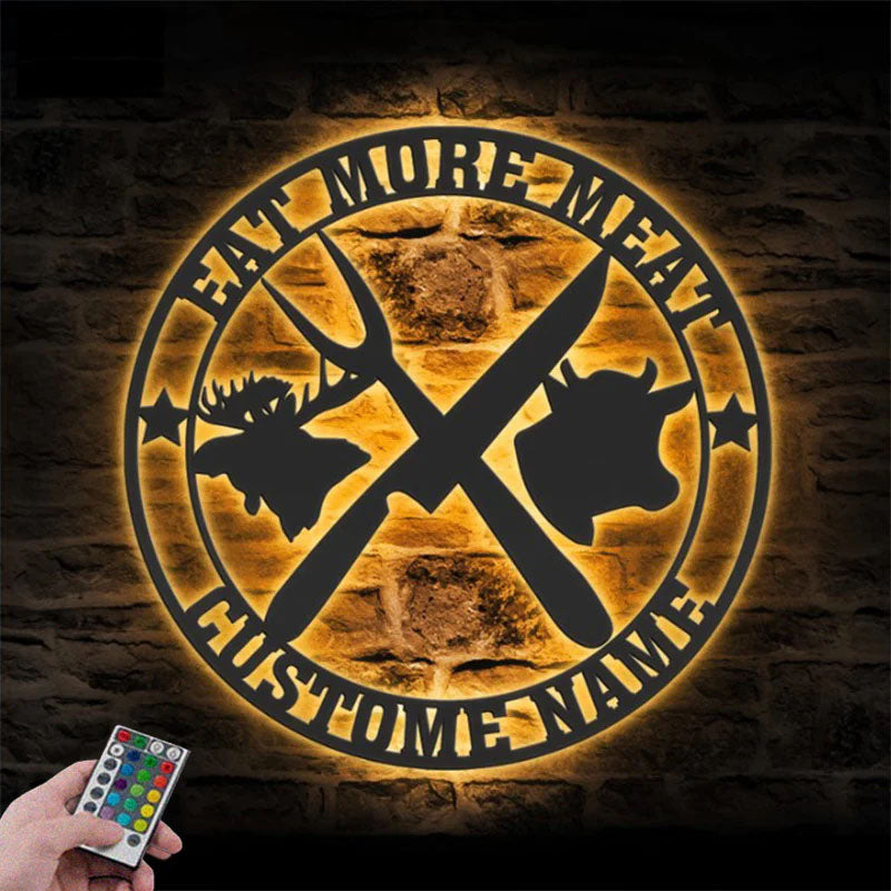 Custom Name Butcher Shop Name Sign Decor Barbecue BBQ, Metal Wall Signs With RGB Led Light