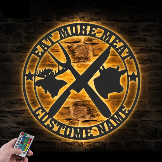 Custom Name Butcher Shop Name Sign Decor Barbecue BBQ, Metal Wall Signs With RGB Led Light