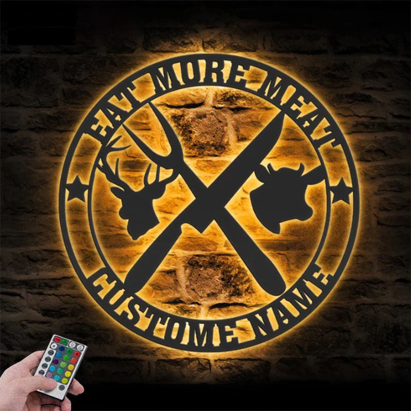 Custom Name Butcher Shop Name Sign Decor Barbecue, Metal Wall Signs With RGB Led Light