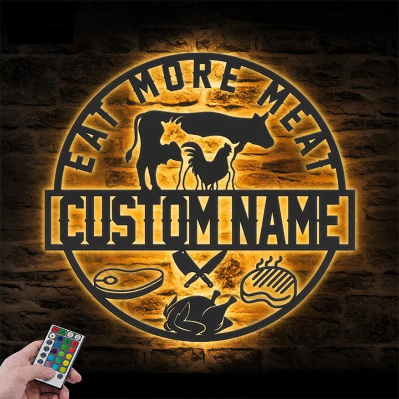 Custom Name Butcher Shop Name Sign Home Decor Barbecue, Metal Wall Signs With RGB Led Light