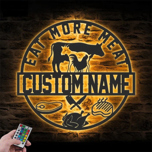 Custom Name Butcher Shop Name Sign Home Decor Barbecue, Metal Wall Signs With RGB Led Light