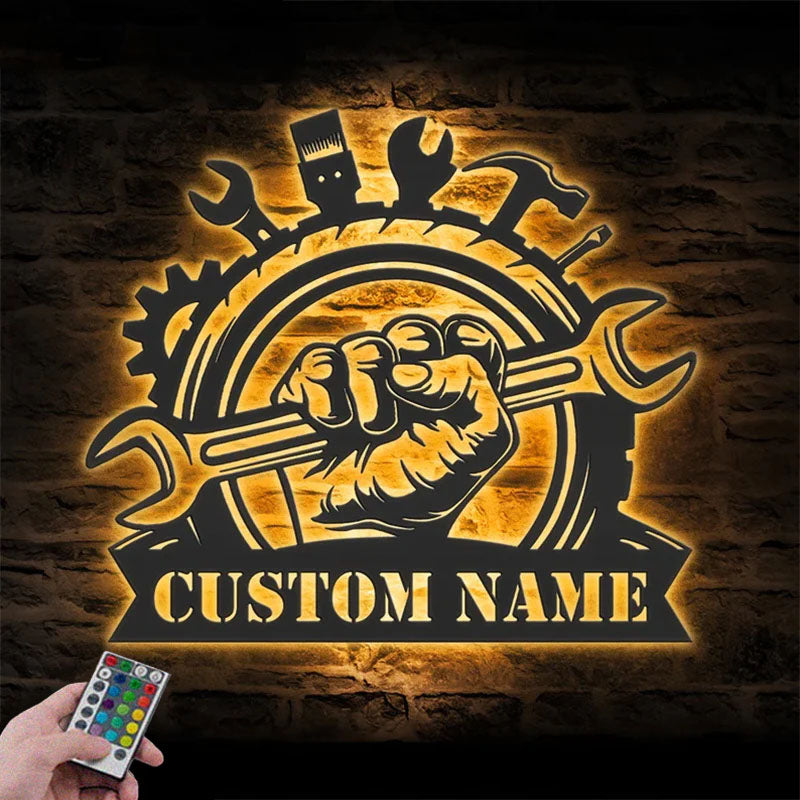 Custom Name Car Mechanic Handyman Name Sign Home Decor Metal Wall Signs With RGB Led Light