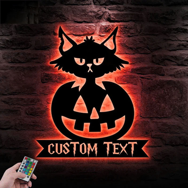 Custom Name Cat Pumkin, Metal Wall Signs With RGB Led Light