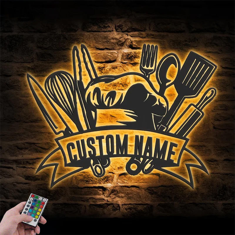 Custom Name Chef Tools Metal Wall Signs With RGB Led Light