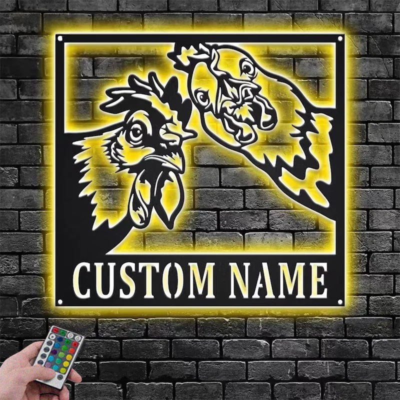 Custom Name Chicken Farm Name Sign Decoration For Room, Metal Wall Signs With RGB Led Light