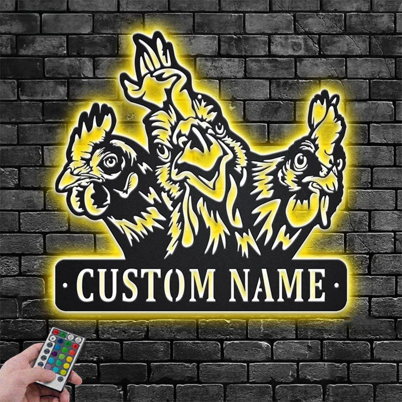 Custom Name Chicken Farm Name Sign Decoration For Room, Metal Wall Signs With RGB Led Light