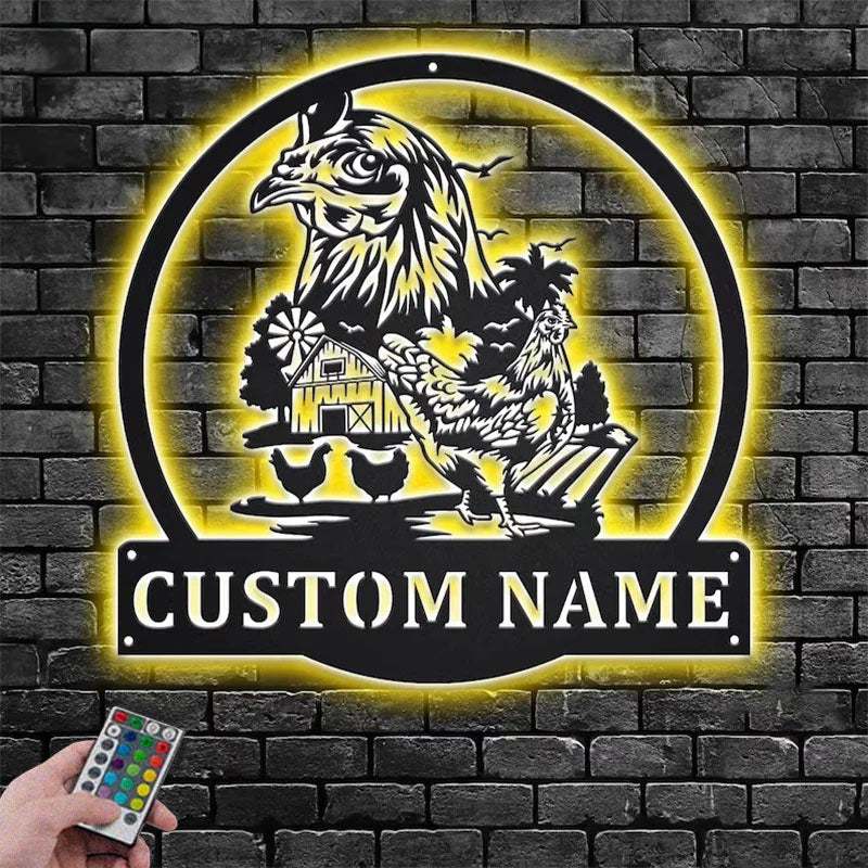 Custom Name Chicken Farm Name Sign Decoration For Room, Metal Wall Signs With RGB Led Light