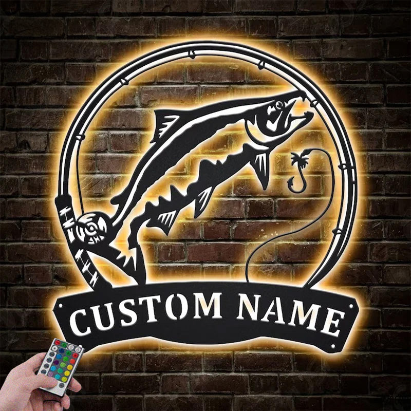 Custom Name Chinook Salmon Fish Pole Metal Wall Signs With RGB Led Light