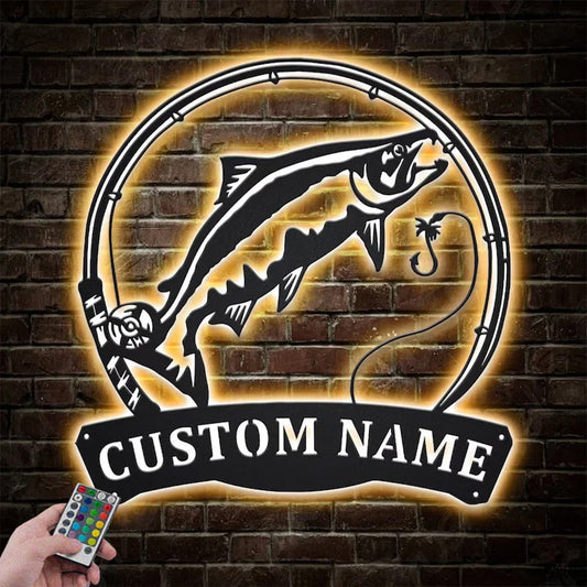 Custom Name Chinook Salmon Fish Pole Metal Wall Signs With RGB Led Light