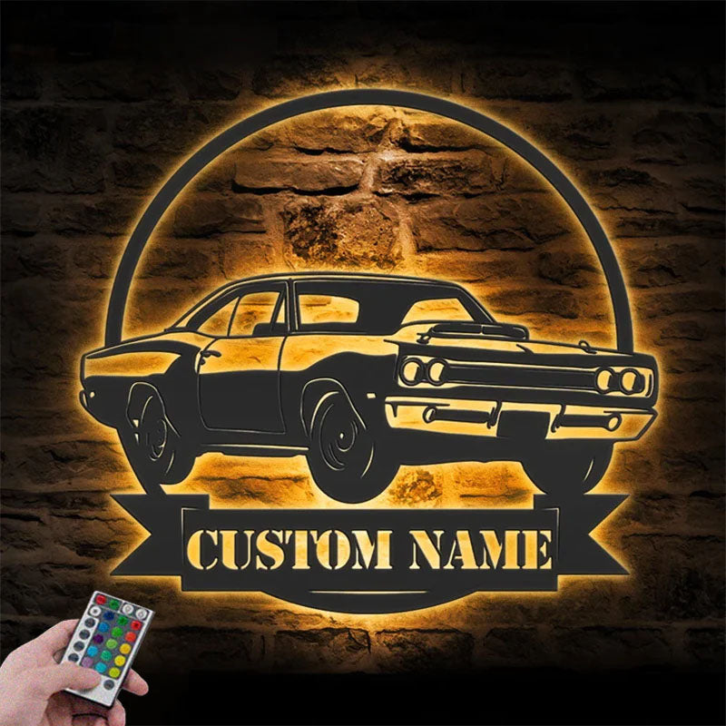 Custom Name Classic Muscle Car Name Sign Home Decor Mechanic Repair Metal Wall Signs With RGB Led Light