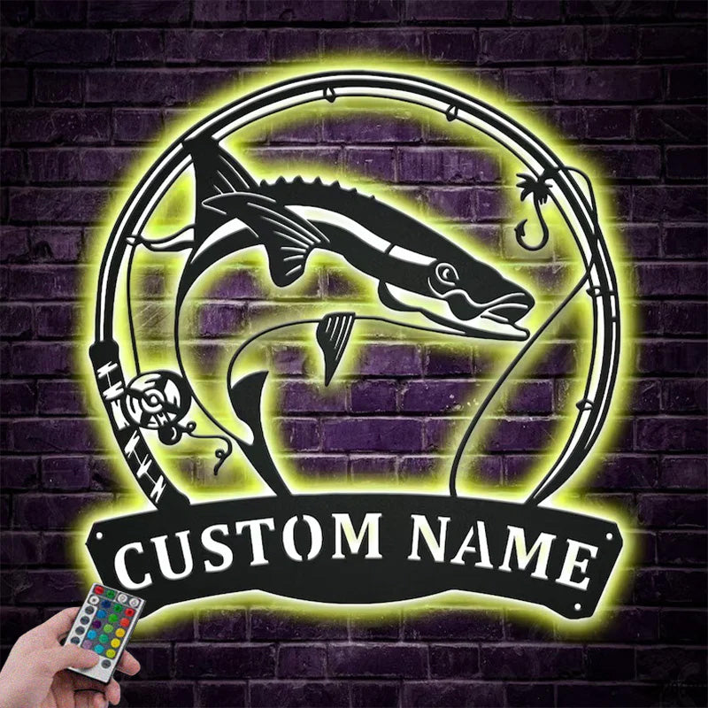 Custom Name Cobia Fishing Fish Pole Metal Wall Signs With RGB Led Light