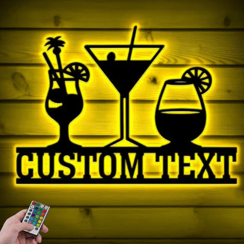Custom Name Cocktail Bar Sign Wall Art With RGB Led Lights