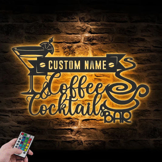 Custom Name Coffee Lover Name Sign Home Decor Kitchen Metal Wall Signs With RGB Led Light