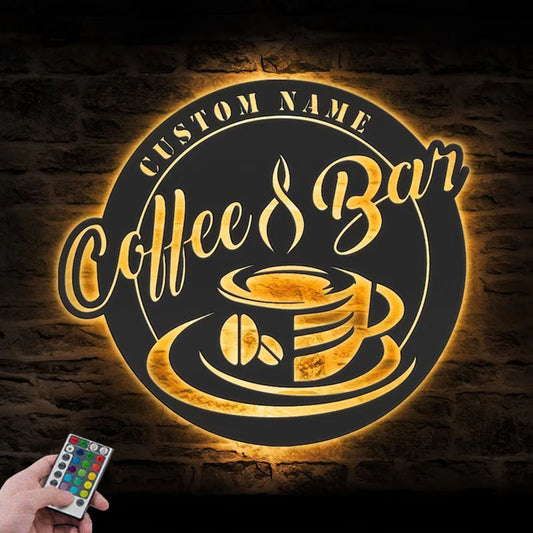 Custom Name Coffee Lover Name Sign Home Decor Kitchen Metal Wall Signs With RGB Led Light