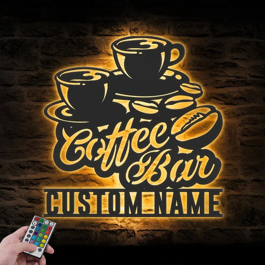 Custom Name Coffee Lover Name Sign Home Decor Kitchen Metal Wall Signs With RGB Led Light