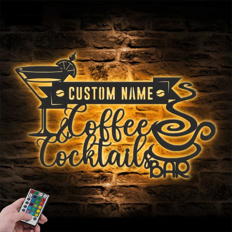 Custom Name Coffee Lover Name Sign Home Decor Kitchen, Metal Wall Signs With RGB Led Light