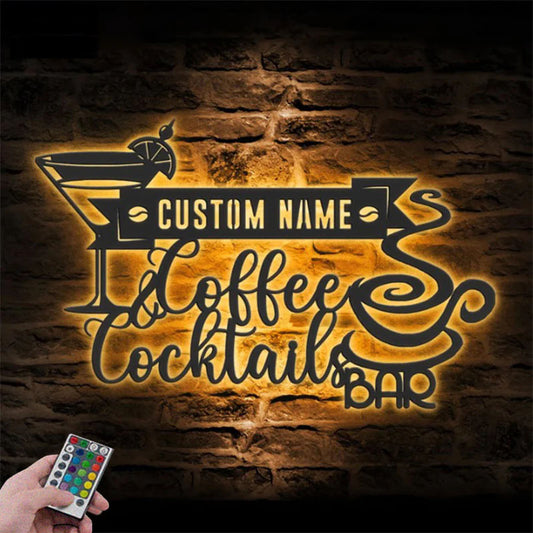 Custom Name Coffee Lover Name Sign Home Decor Kitchen, Metal Wall Signs With RGB Led Light