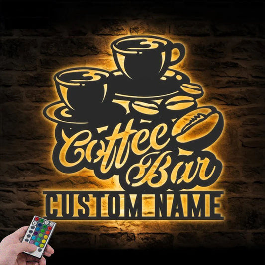 Custom Name Coffee Lover Name Sign Home Decor Kitchen, Metal Wall Signs With RGB Led Light