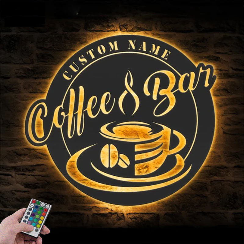 Custom Name Coffee Lover Name Sign Home Decor Kitchen, Metal Wall Signs With RGB Led Light