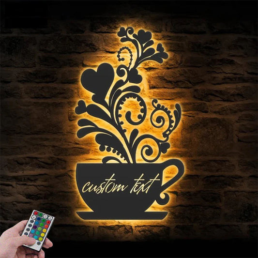 Custom Name Coffee Lover Name Sign Home Decor Kitchen, Metal Wall Signs With RGB Led Light
