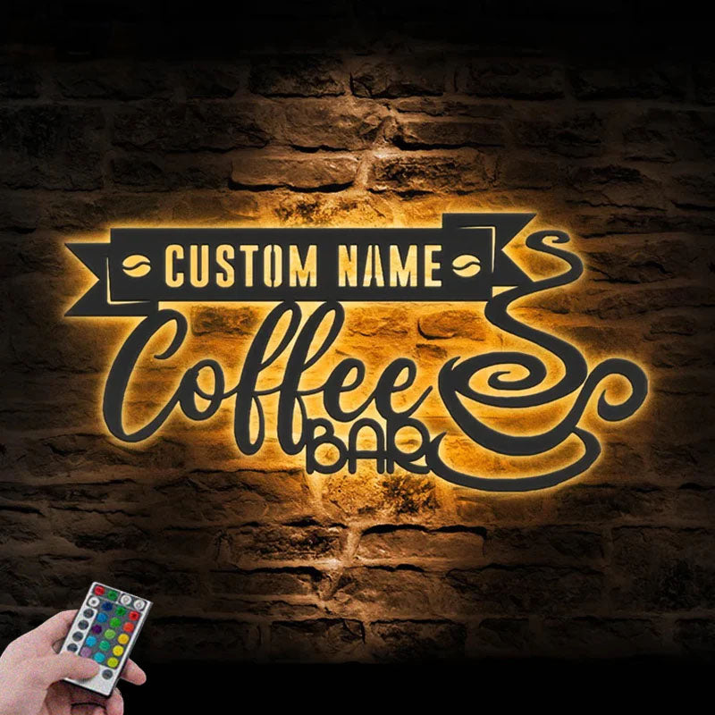 Custom Name Coffee Lover Name Sign Home Decor Metal Wall Signs With RGB Led Light