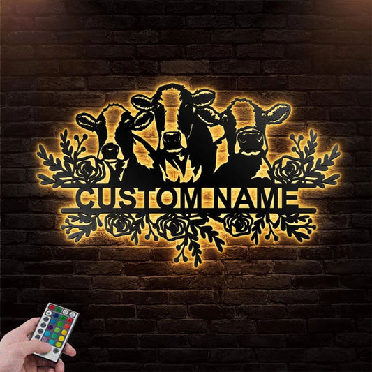Custom Name Cow Metal Art Wall Decor, Diary Farm Indoor, Metal Wall Signs With RGB Led Light