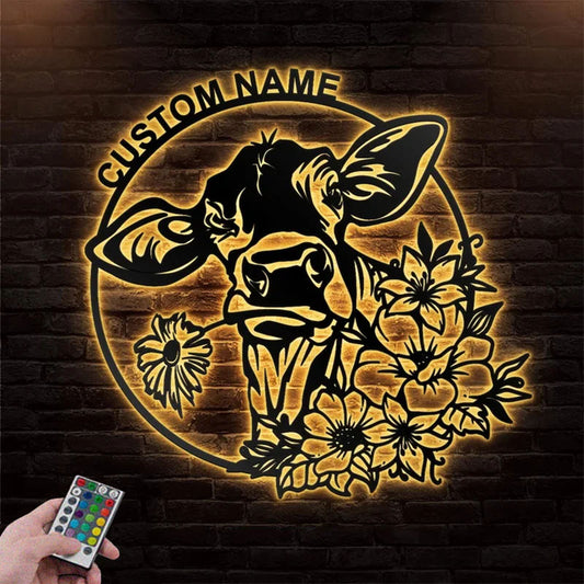 Custom Name Cow Metal Art Wall Decor, Diary Farm Indoor, Outdoor Decor, Metal Wall Signs With RGB Led Light