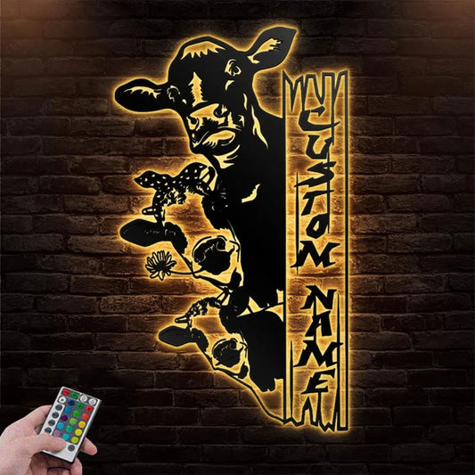 Custom Name Cow Metal Wall Signs With RGB Led Light