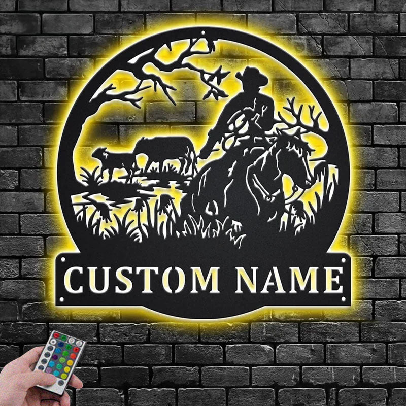 Custom Name Cowboy Name Sign Decoration For Room, Metal Wall Signs With RGB Led Light