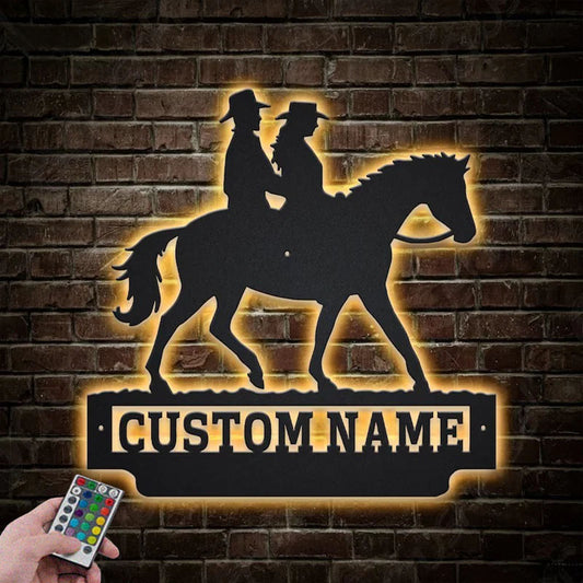 Custom Name Cowboy and Cowgirl Riding A Horse, Metal Wall Signs With RGB Led Light